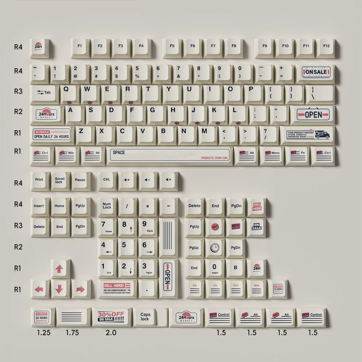 Convenience store themed design, PBT material personalized keycap set, mechanical keyboard replacement decorative keycaps, compatible with 61/64/68/75/84/87/104 key mechanical keyboard