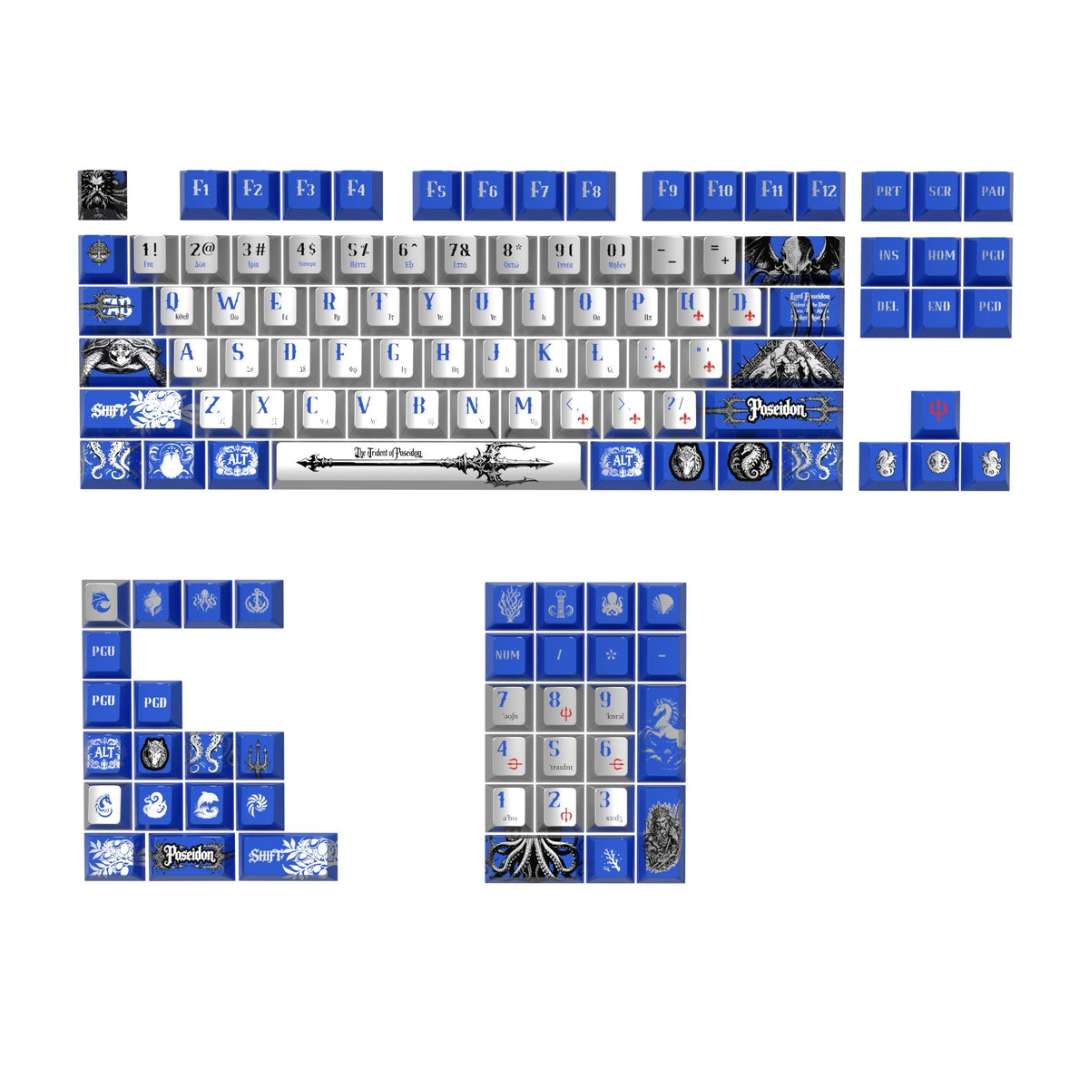 Poseidon metal paint keycaps PBT material personalized keycap set, anime keycap culture peripheral mechanical keyboard decoration keycaps， Compatible with 61/64/68/75/84/87/104 key mechanical keyboard keycap set
