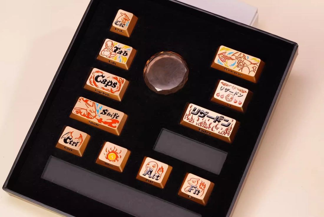 Pok é mon series, Charizard/Charmander/Charmeleon Team themed aluminum alloy personalized keycap set, 11 large key positions, anime and game cultural and creative decorative keycaps