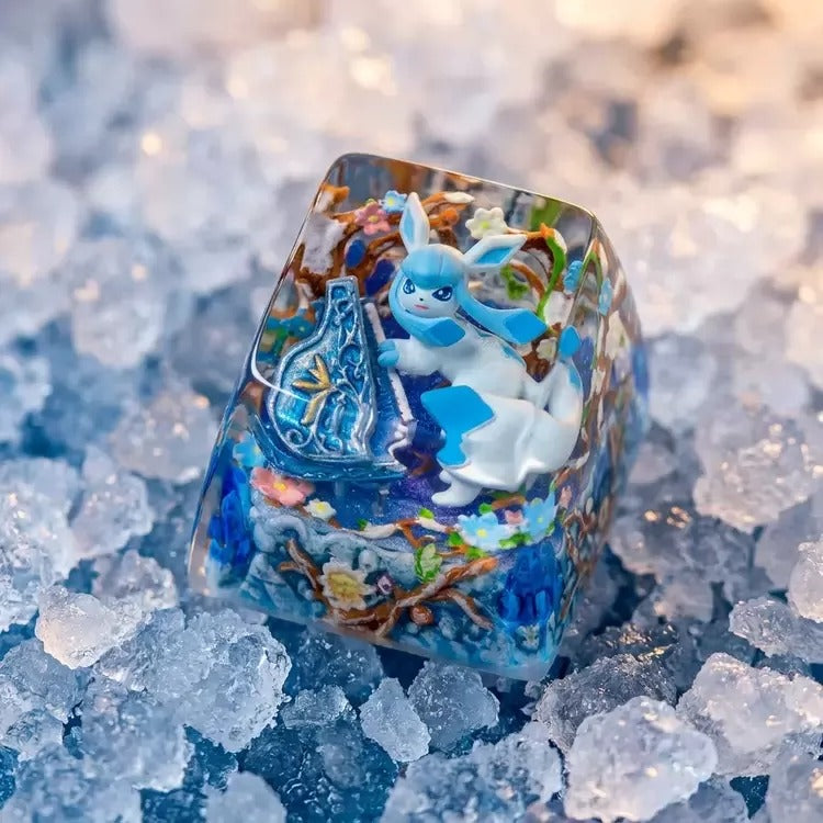 Pokémon，Glaceon theme coating and sealing design, Crystal Resin Personalized Keycaps, Anime Game Culture Creative Resin Keycaps, Mechanical Keyboard Art Decorative Keycaps