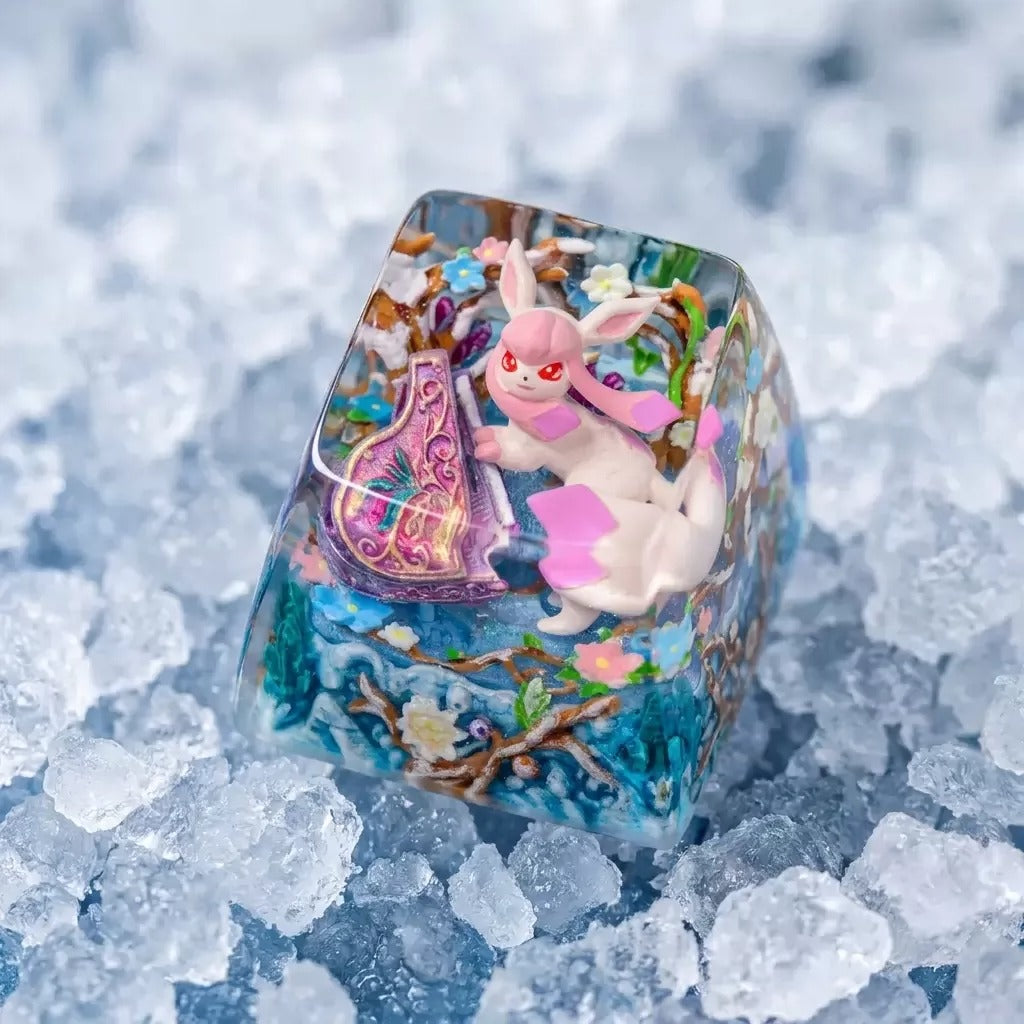 Pokémon，Glaceon theme coating and sealing design, Crystal Resin Personalized Keycaps, Anime Game Culture Creative Resin Keycaps, Mechanical Keyboard Art Decorative Keycaps