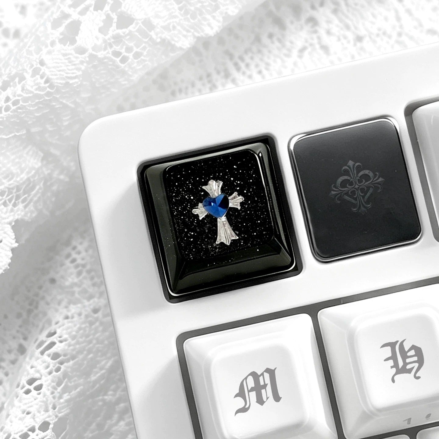 Gothic, dark style, crystal resin cross themed personalized keycaps, mechanical keyboard art decorative keycaps