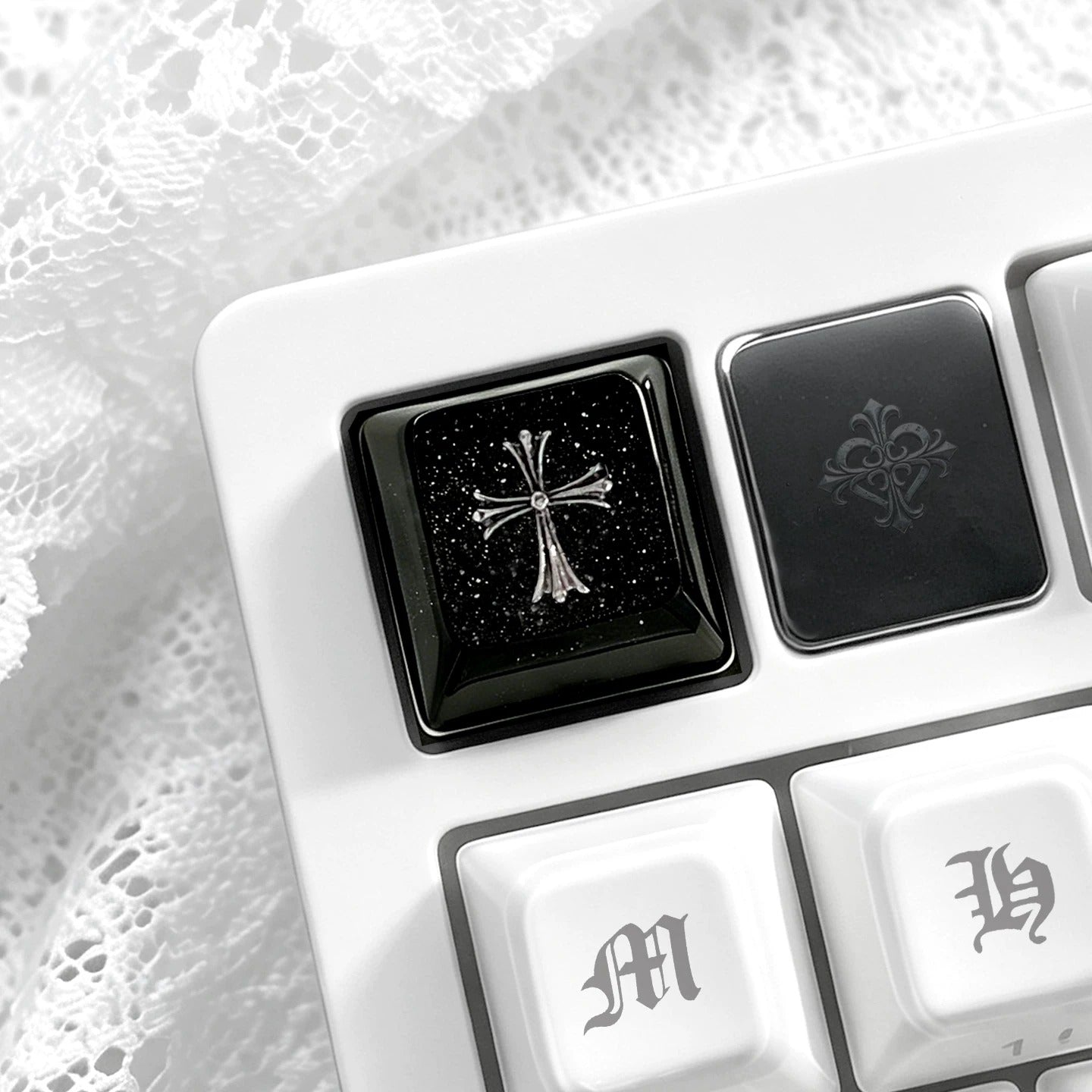 Gothic, dark style, crystal resin cross themed personalized keycaps, mechanical keyboard art decorative keycaps