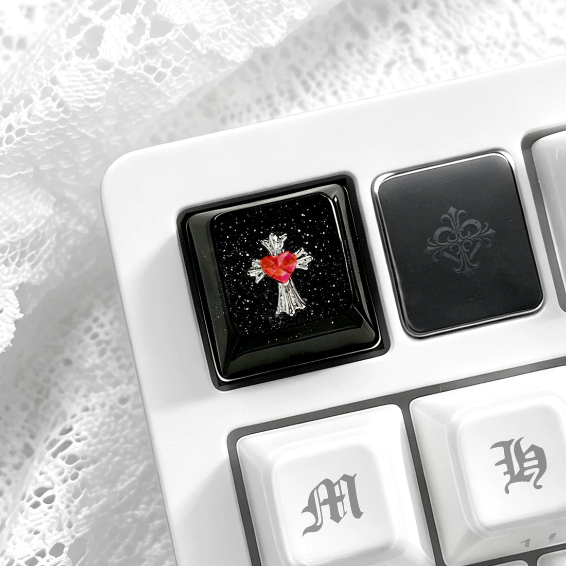 Gothic, dark style, crystal resin cross themed personalized keycaps, mechanical keyboard art decorative keycaps