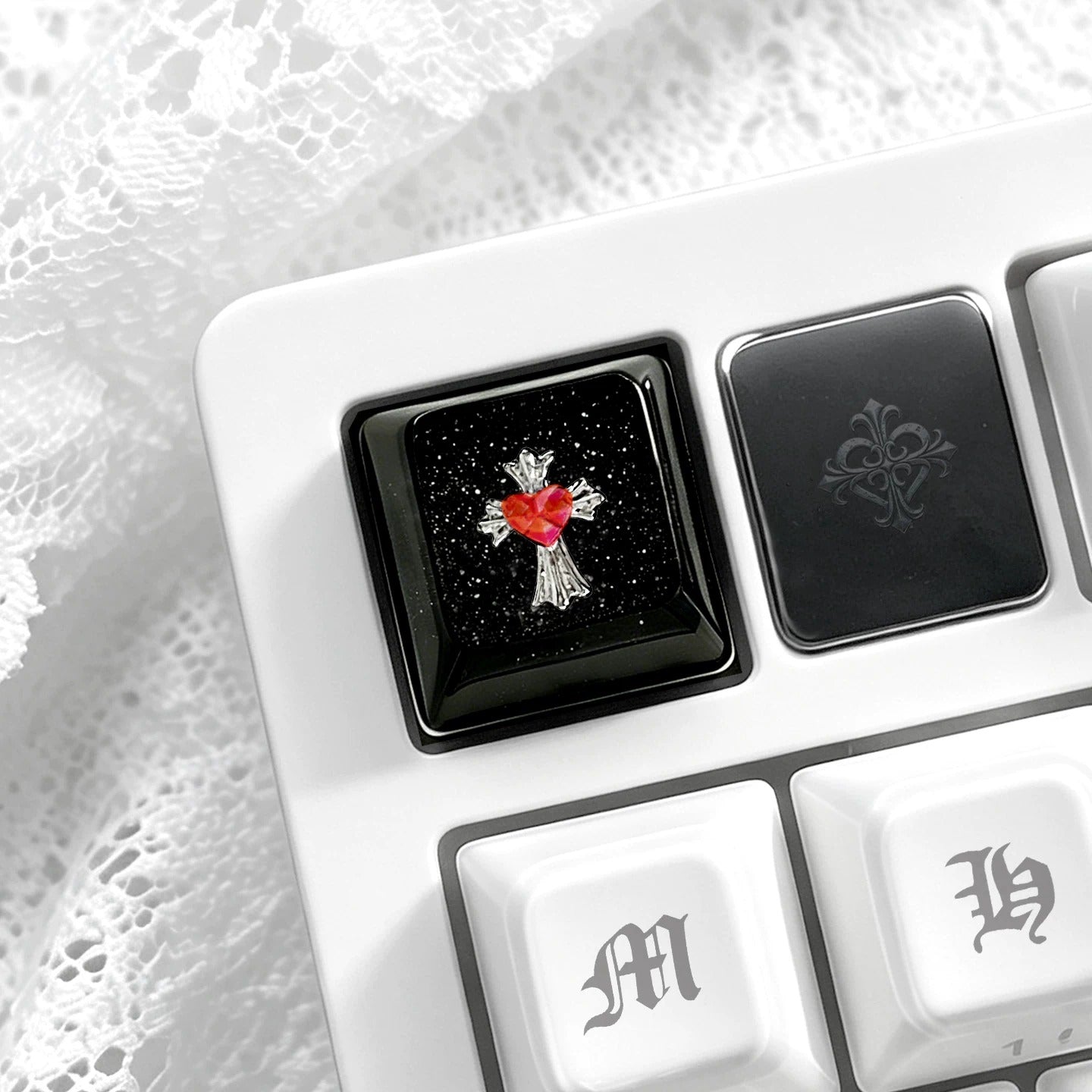 Gothic, dark style, crystal resin cross themed personalized keycaps, mechanical keyboard art decorative keycaps