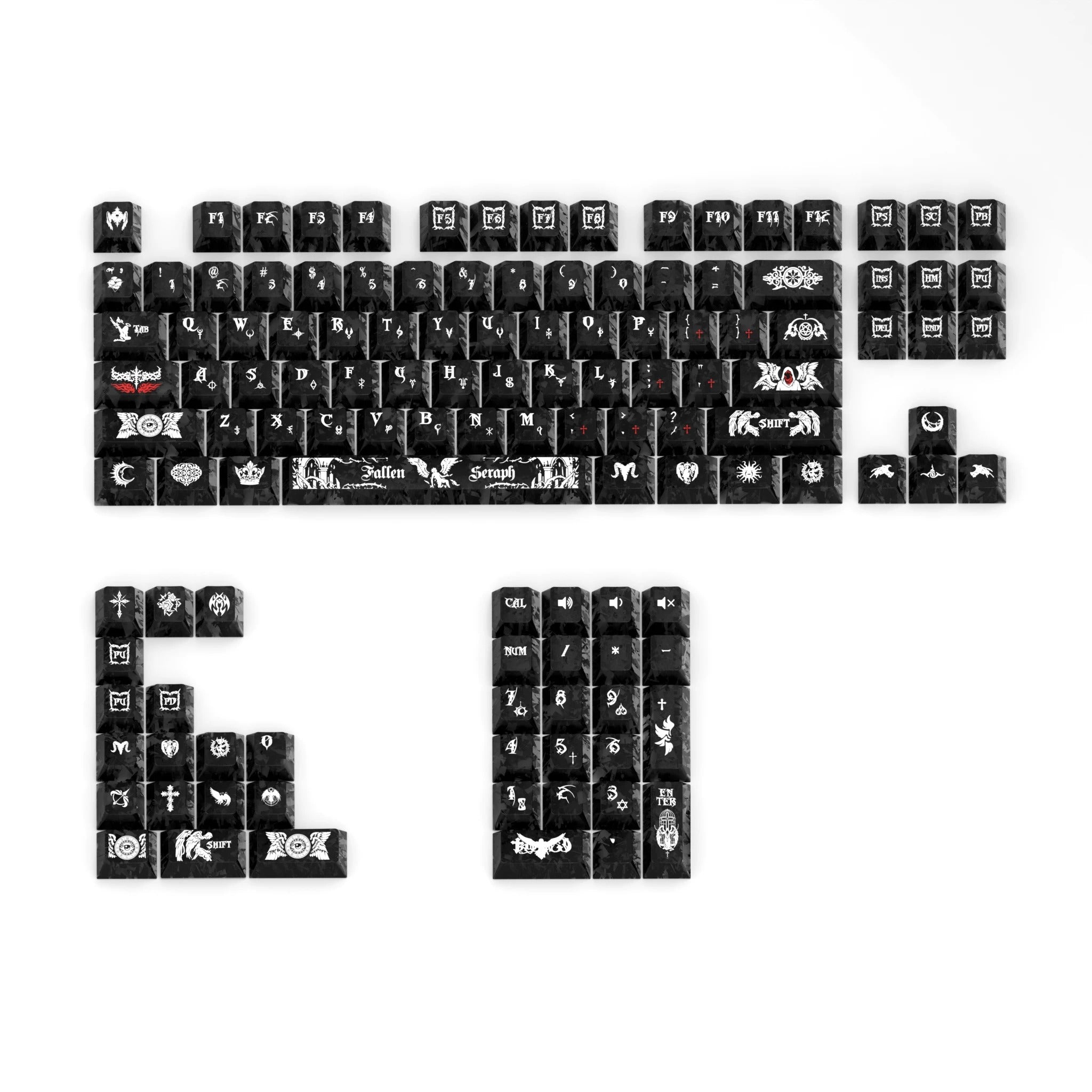 Dark Angel Theme Carbon Fiber Texture Original Factory Height Transparent PC Thermal Sublimation Process, Compatible with 61/64/68/75/84/87/104 Key Mechanical Keyboard Keycap Set