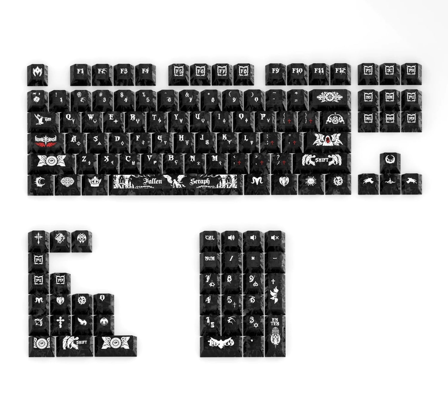 Dark Angel Theme Carbon Fiber Texture Original Factory Height Transparent PC Thermal Sublimation Process, Compatible with 61/64/68/75/84/87/104 Key Mechanical Keyboard Keycap Set