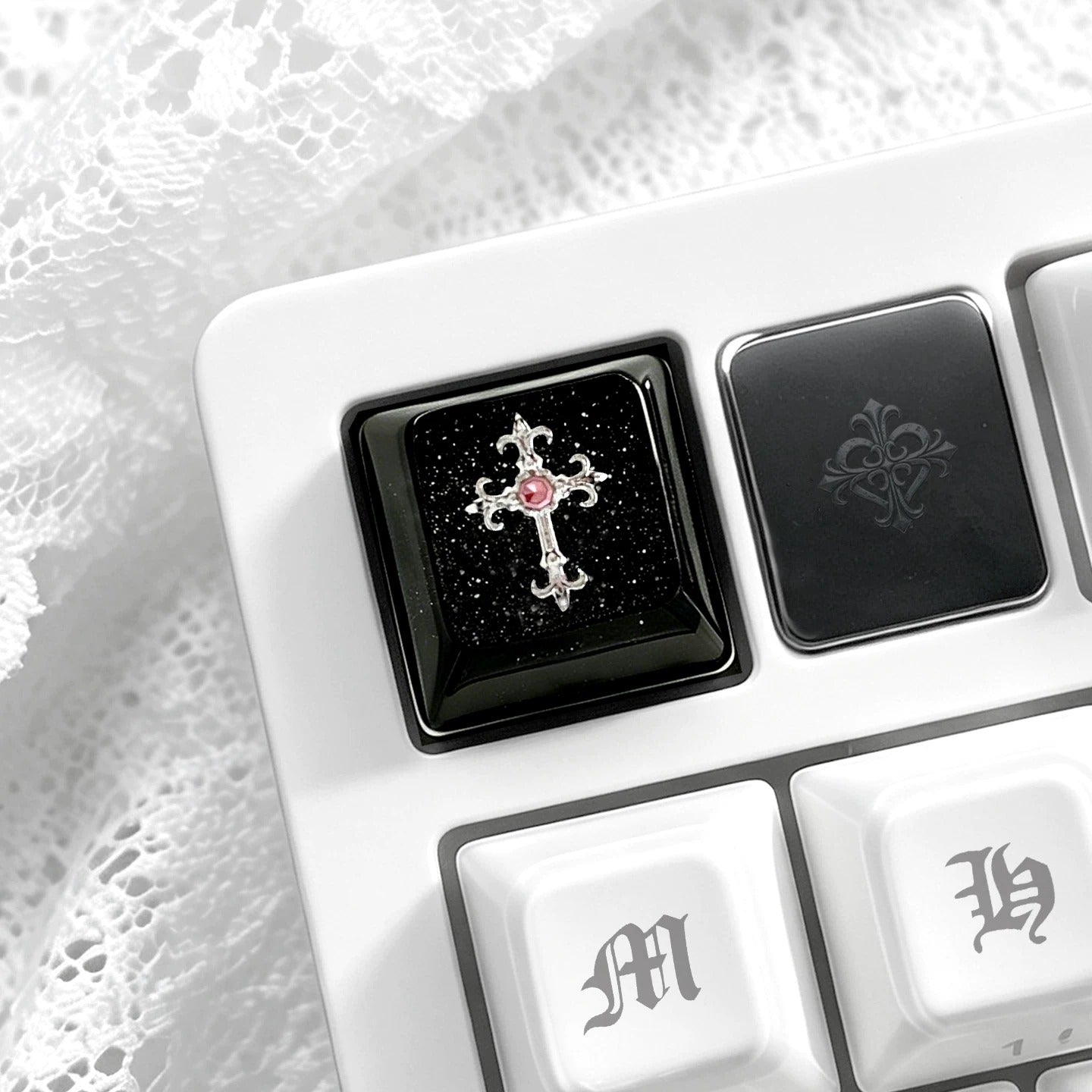 Gothic, dark style, crystal resin cross themed personalized keycaps, mechanical keyboard art decorative keycaps