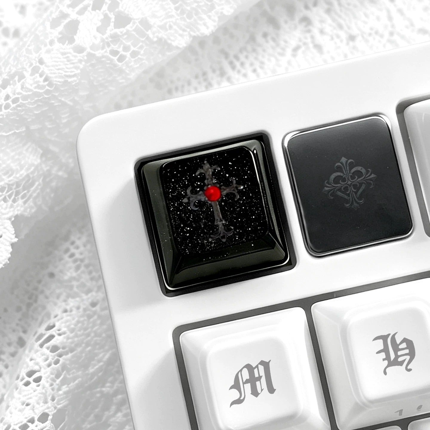 Gothic, dark style, crystal resin cross themed personalized keycaps, mechanical keyboard art decorative keycaps