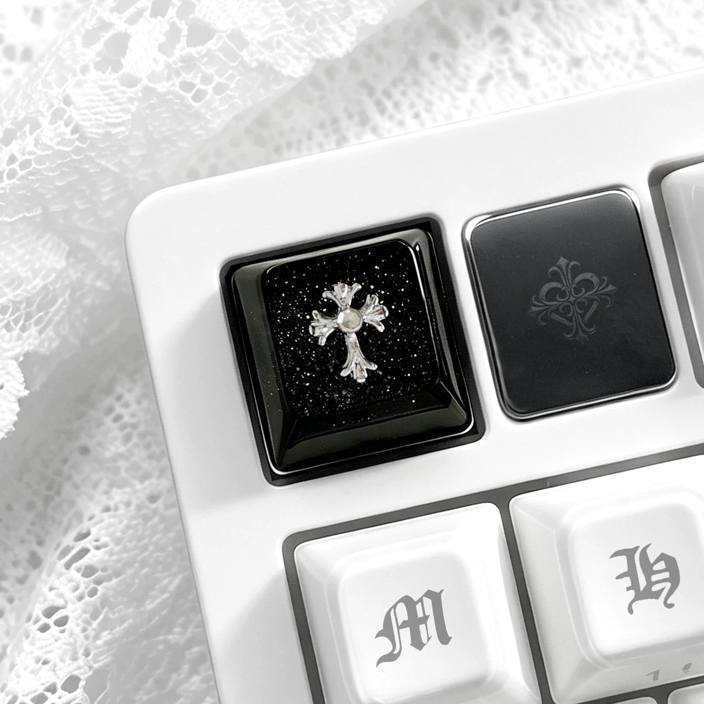 Gothic, dark style, crystal resin cross themed personalized keycaps, mechanical keyboard art decorative keycaps