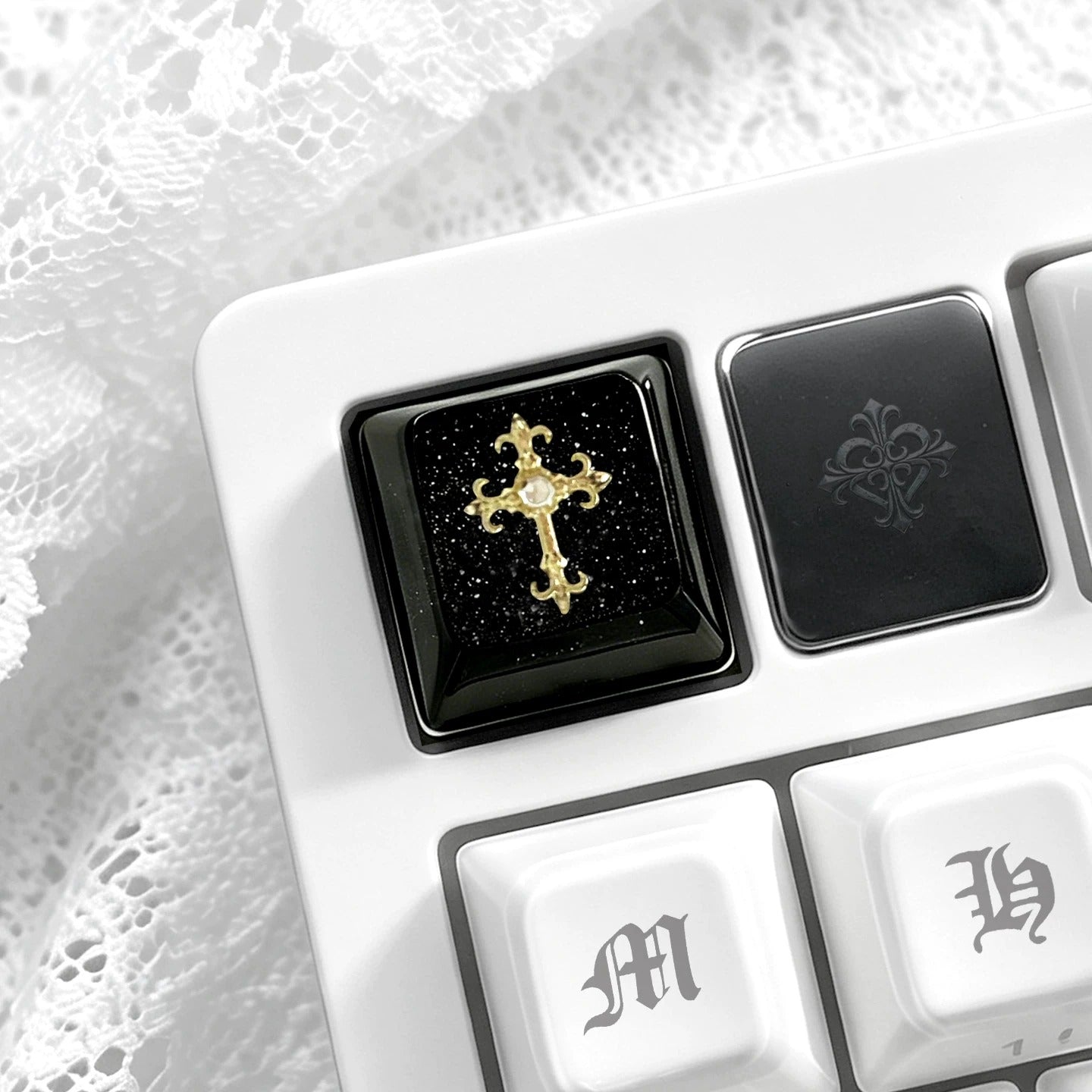 Gothic, dark style, crystal resin cross themed personalized keycaps, mechanical keyboard art decorative keycaps