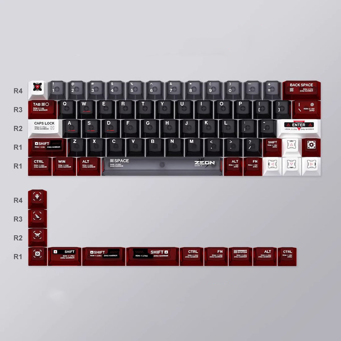 Gundam series, ZEONOGRAPHY theme, 76 key ABS+PC material personalized keycap set, anime and game themed decorative keycaps