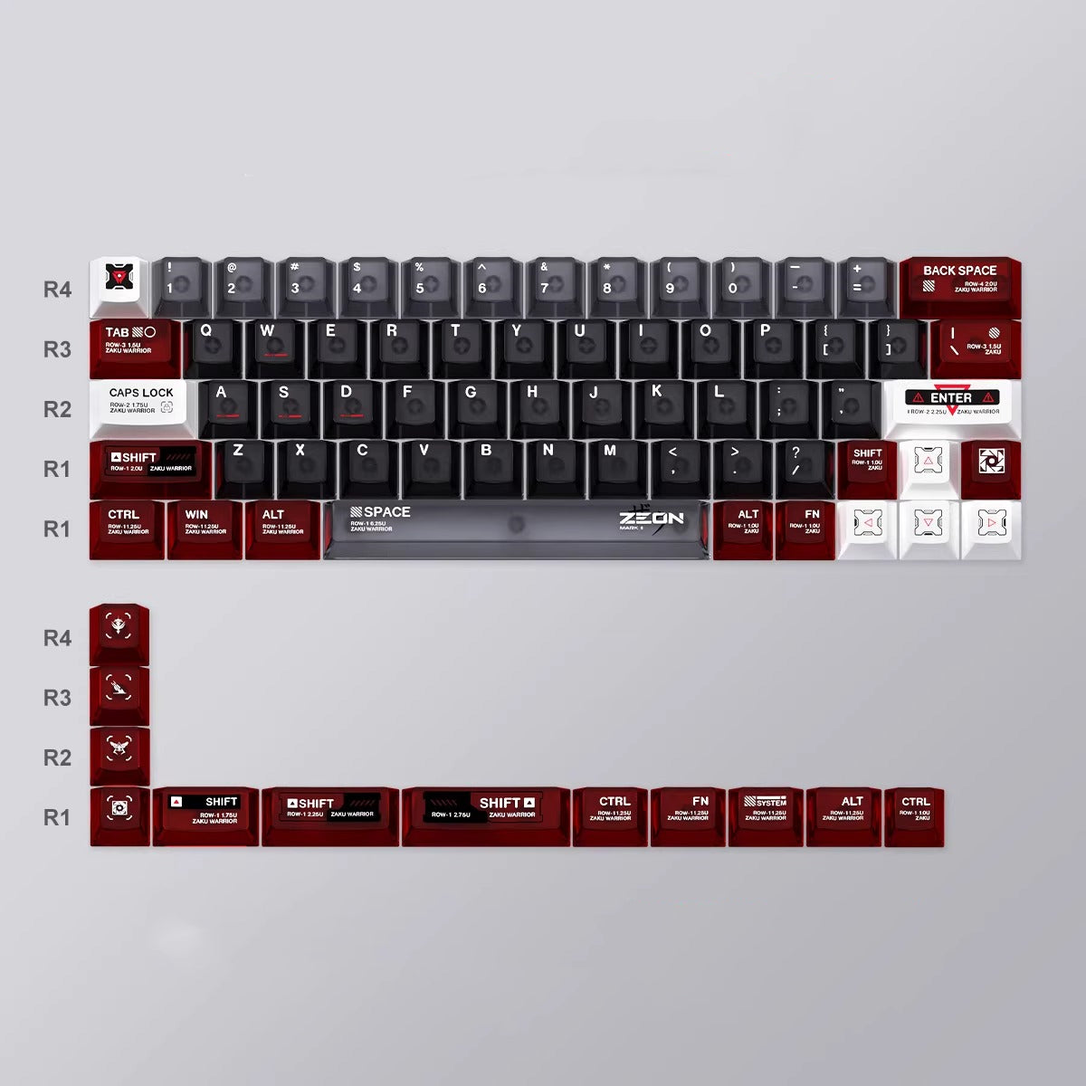 Gundam series, ZEONOGRAPHY theme, 76 key ABS+PC material personalized keycap set, anime and game themed decorative keycaps