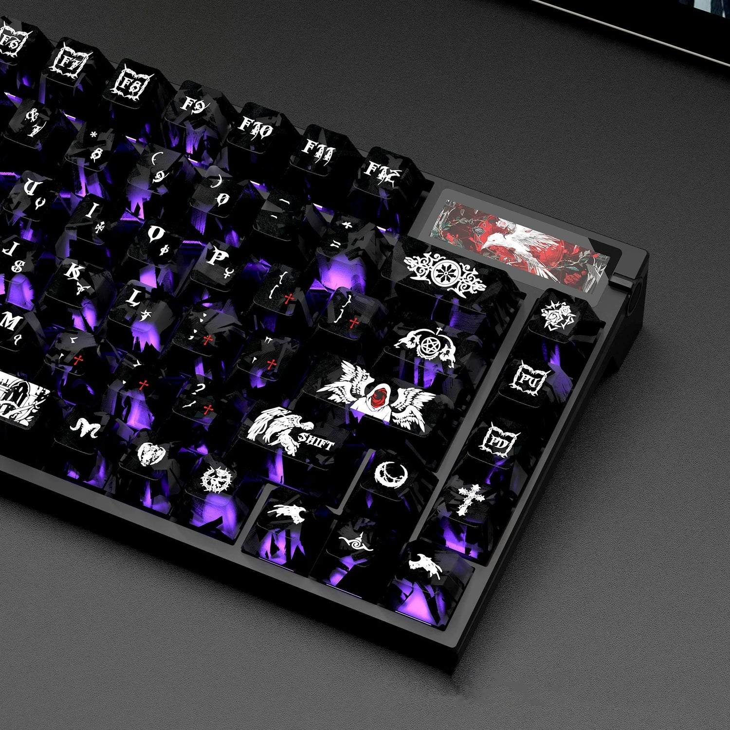 Dark Angel Theme Carbon Fiber Texture Original Factory Height Transparent PC Thermal Sublimation Process, Compatible with 61/64/68/75/84/87/104 Key Mechanical Keyboard Keycap Set