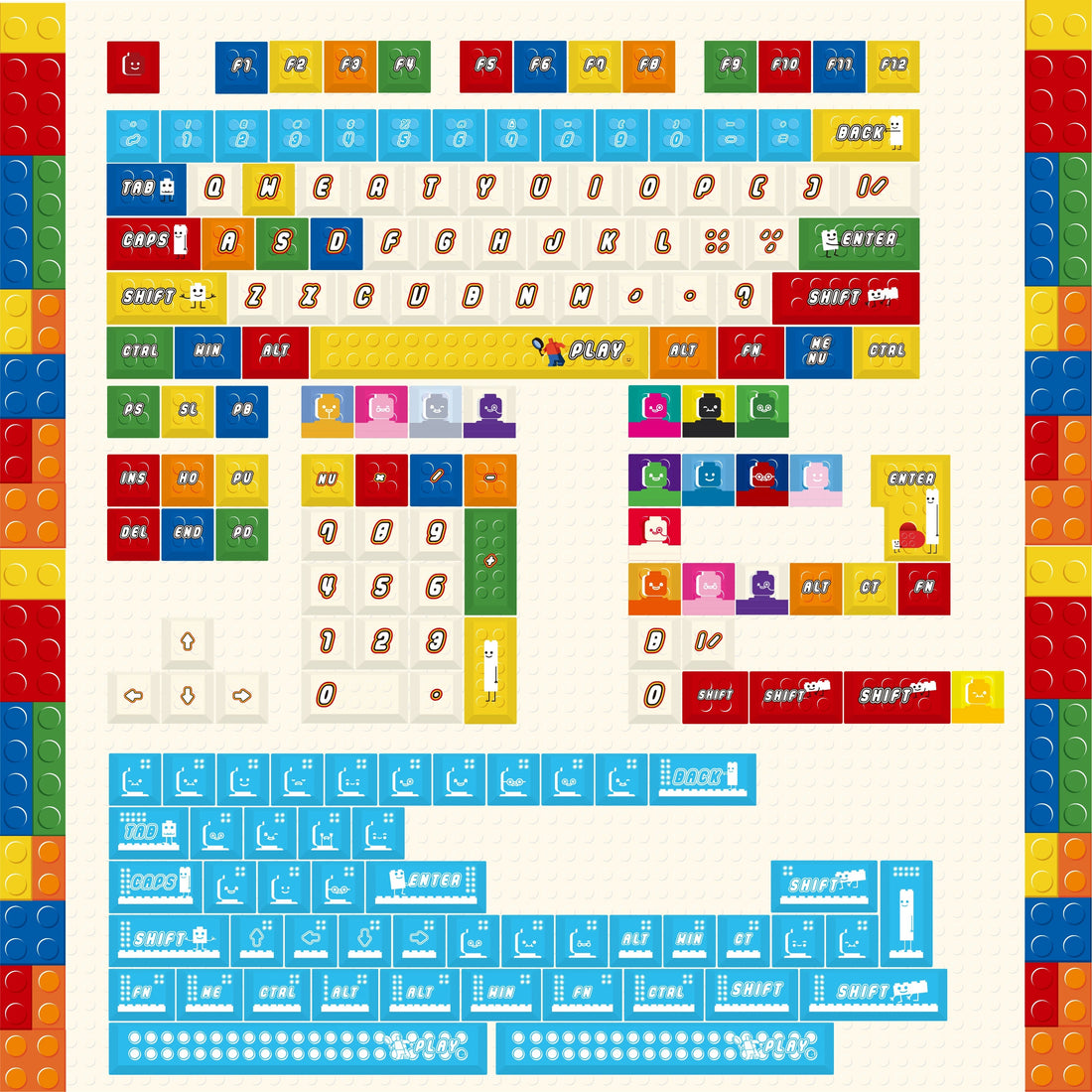 Colorful LEGO Theme Set keycaps， PBT+PC material personalized keycap set, anime and games cultural creative decoration keycap set, compatible with 61/64/68/75/84/87/104 mechanical keyboard