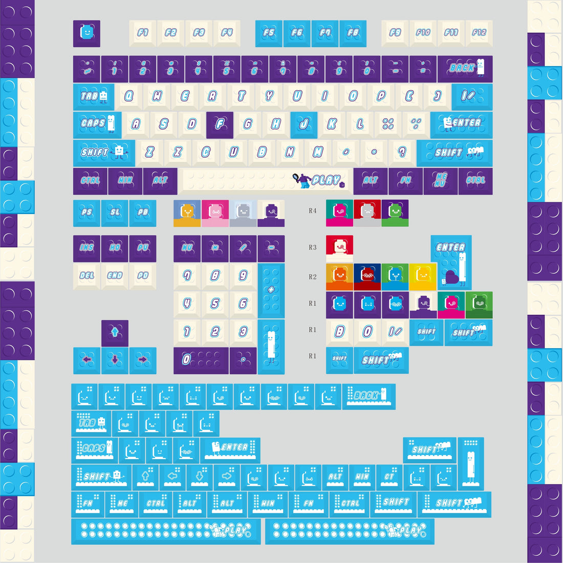 Blue purple Lego set themed keycaps， PBT+PC material personalized keycap set, anime and games cultural creative decoration keycap set, compatible with 61/64/68/75/84/87/104 mechanical keyboard