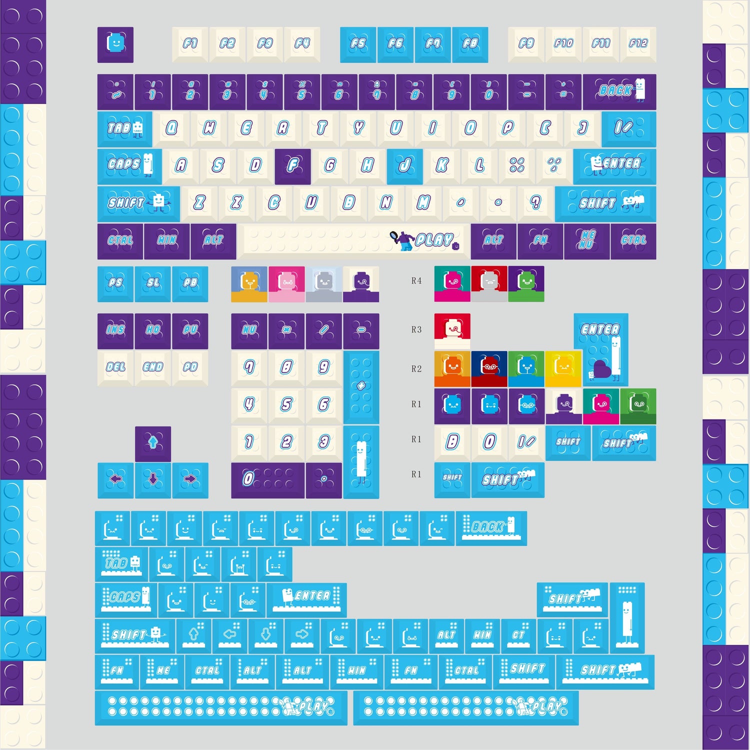 Blue purple Lego set themed keycaps， PBT+PC material personalized keycap set, anime and games cultural creative decoration keycap set, compatible with 61/64/68/75/84/87/104 mechanical keyboard