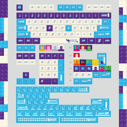 Blue purple Lego set themed keycaps， PBT+PC material personalized keycap set, anime and games cultural creative decoration keycap set, compatible with 61/64/68/75/84/87/104 mechanical keyboard