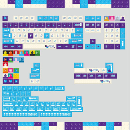 Blue purple Lego set themed keycaps， PBT+PC material personalized keycap set, anime and games cultural creative decoration keycap set, compatible with 61/64/68/75/84/87/104 mechanical keyboard