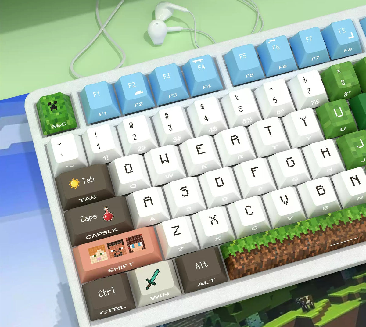 Minecraft theme, PBT material anime and game cultural and creative keycaps set, Compatible with 61/64/68/75/84/87/104 Key Mechanical Keyboard Keycap Set