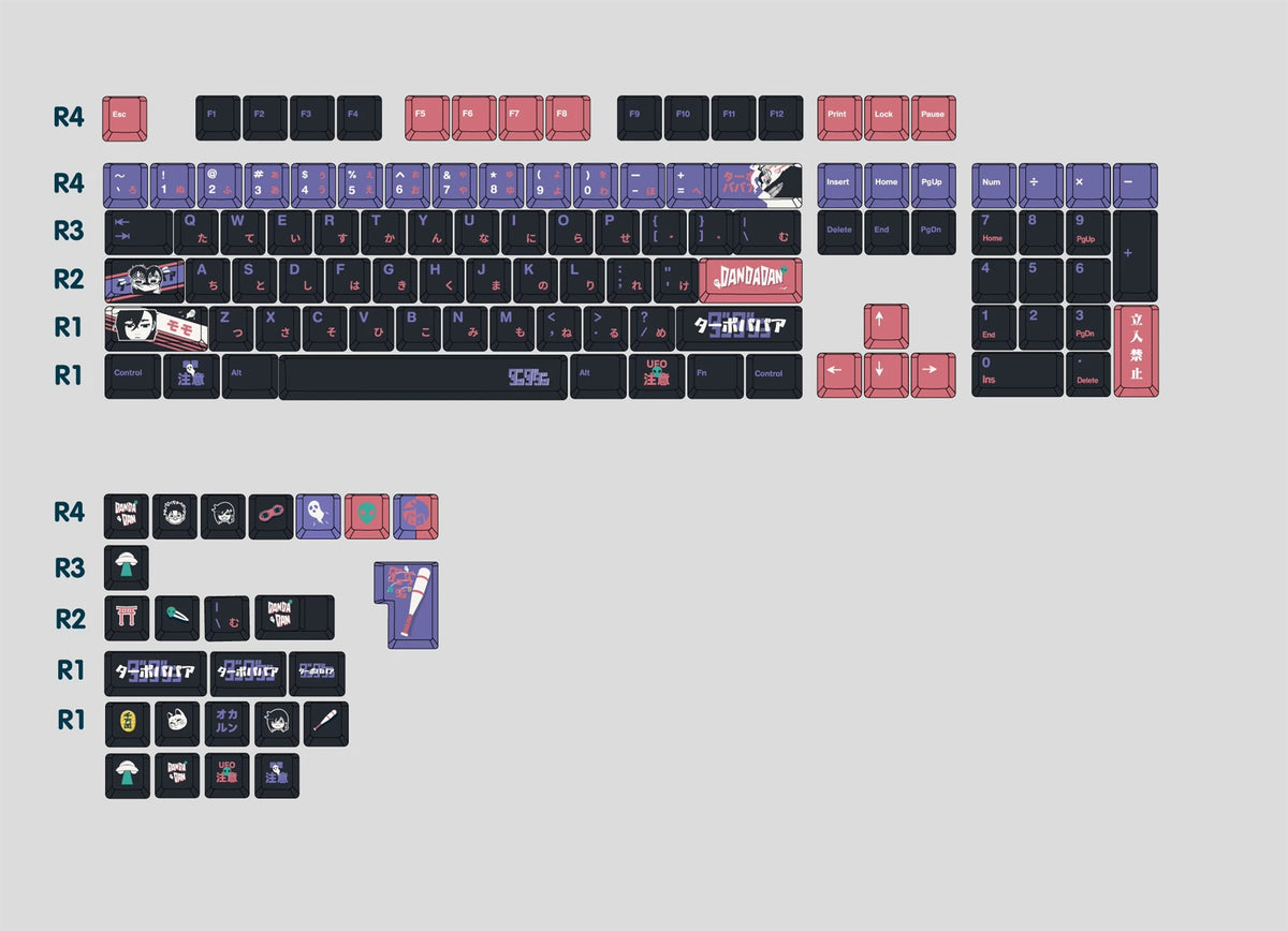 DAN DA DAN Theme Design Creative Keycaps, PBT material personalized key cap set, animation game culture creative decoration key cap set, compatible with 61/64/68/75/84/87/104 key mechanical keyboard