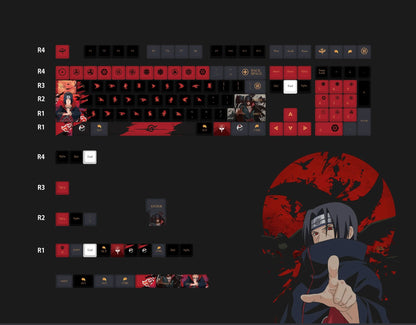 NARUTO，Uchiha Itachi theme, PBT material personalized keycaps, mechanical keyboard replacement keycap set, anime and game cultural and creative keycaps set, Compatible with 61/64/68/75/84/87/104 Key Mechanical Keyboard Keycap Set