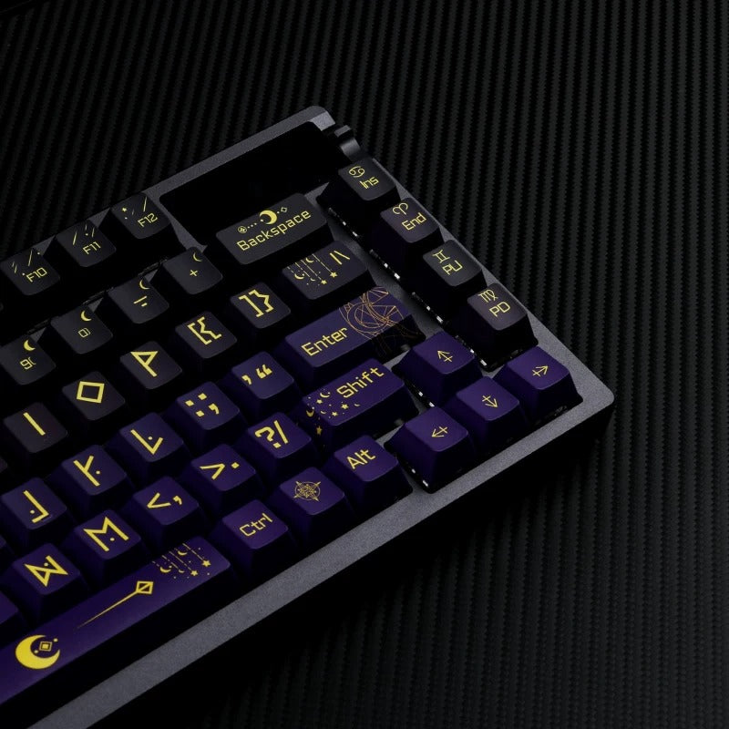 Night Sky Fantasy Theme Design with Large Characters PBT material personalized keycap set, mechanical keyboard replacement decorative keycaps, Starry Sky Divination Keycaps Compatible with 61/64/68/75/84/87/104 Key Mechanical Keyboards