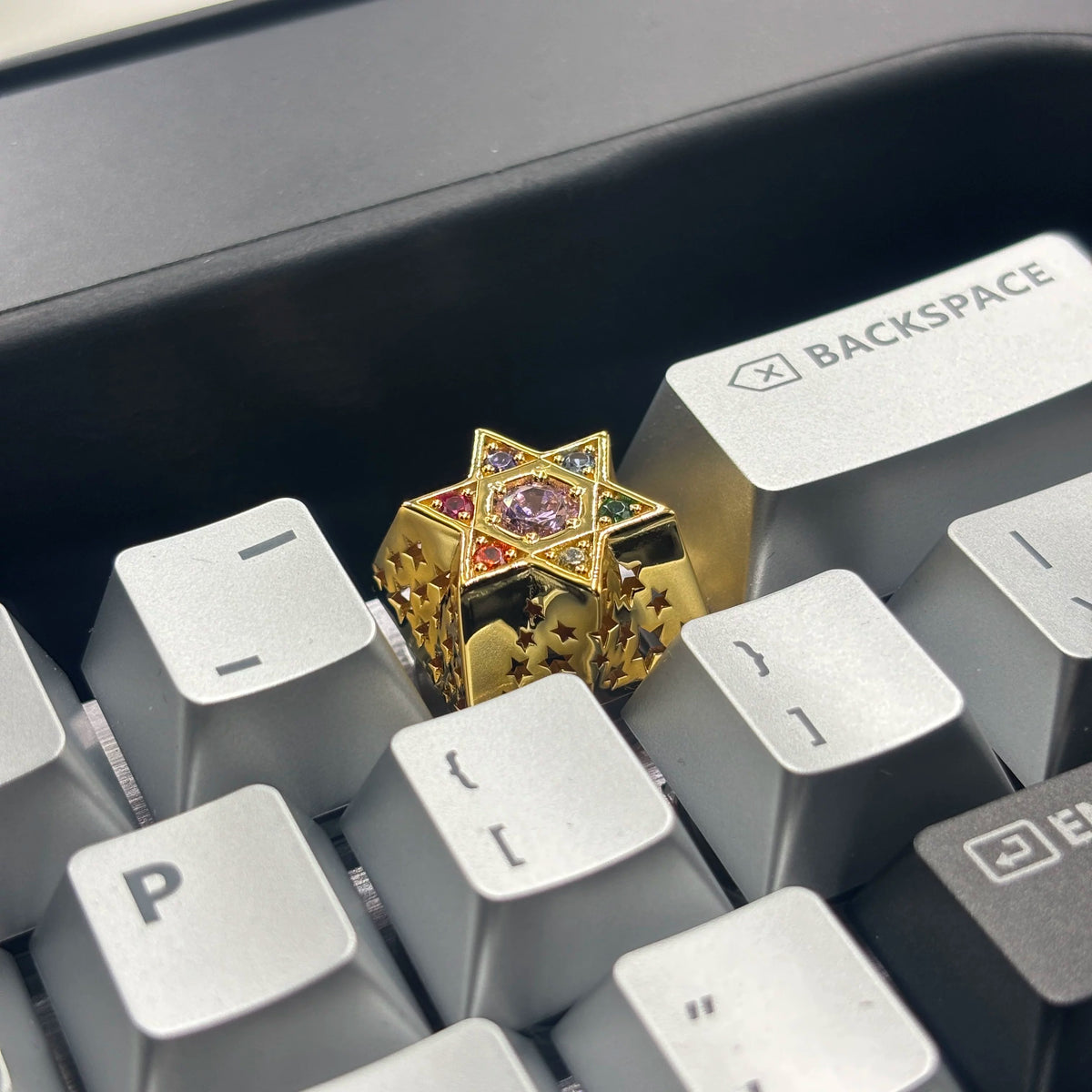 Hexagonal star, multi-color gemstone inlay, 925 sterling silver personalized keycap, hollowed out design mechanical keyboard metal decorative keycap