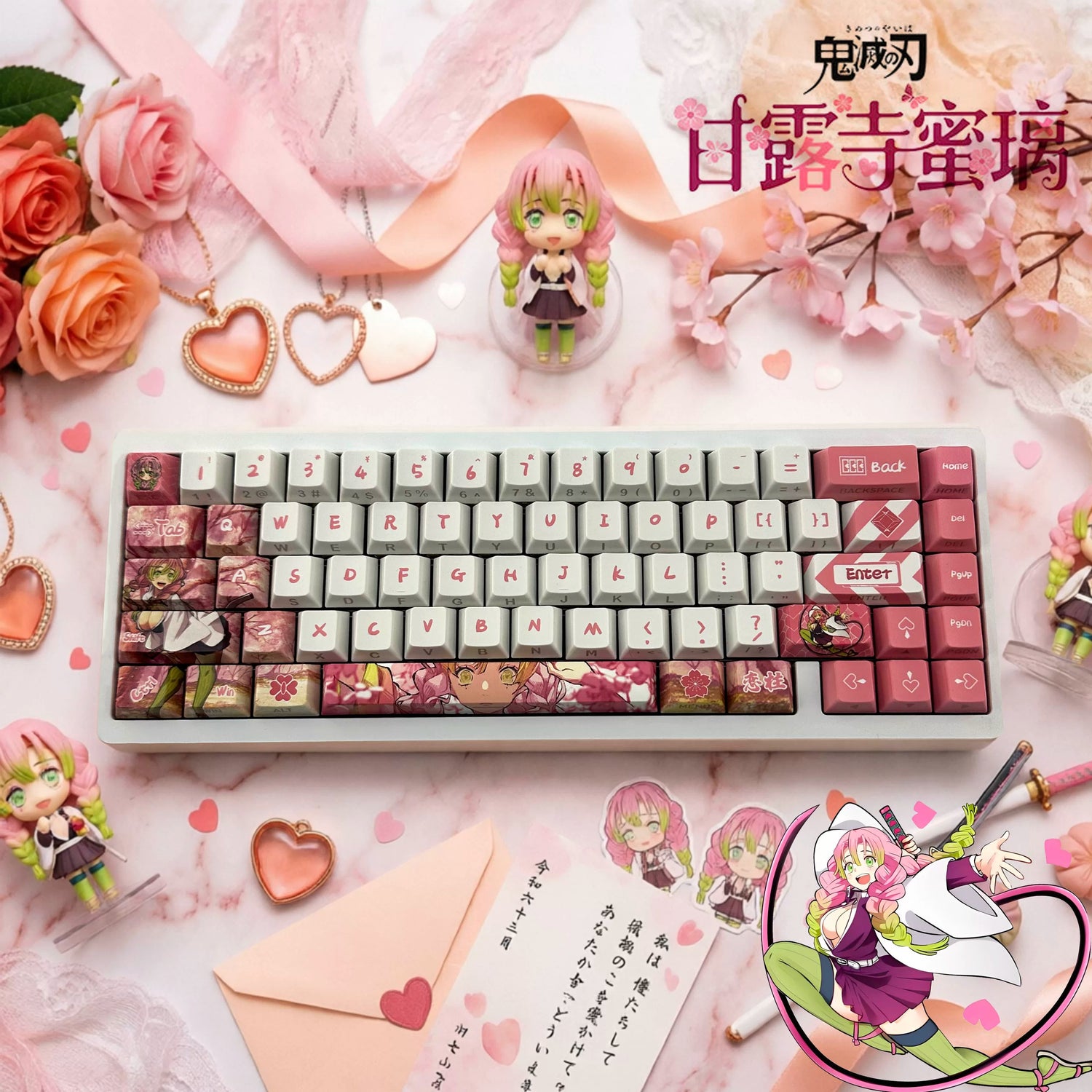 Demon Slayer: Kimetsu No Yaiba, Kanroji Mitsuri Theme PBT material personalized keycaps, mechanical keyboard replacement keycap set, anime and game cultural and creative keycaps set, Compatible with 61/64/68/75/84/87/104 Key Mechanical Keyboard Keycap Set