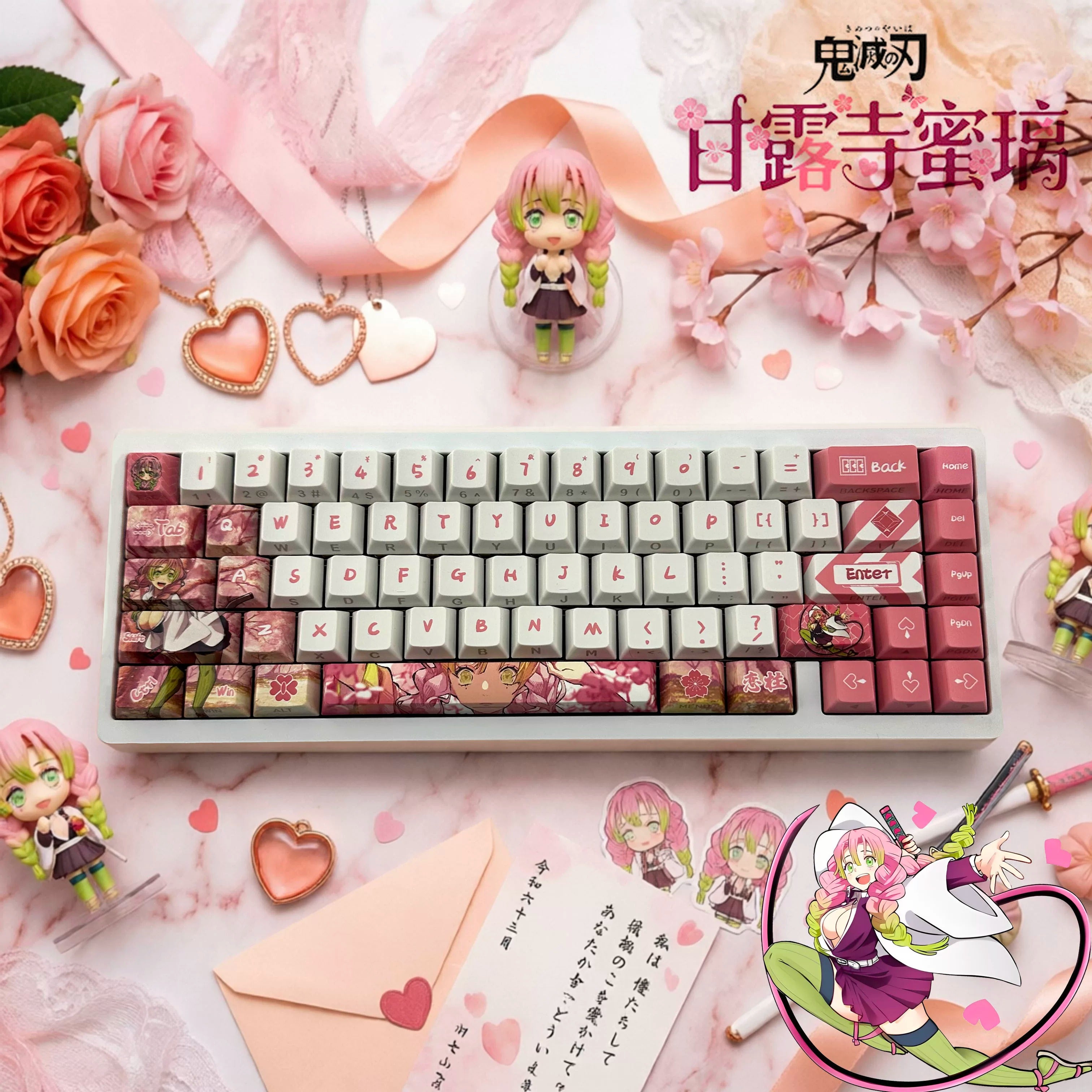 Demon Slayer: Kimetsu No Yaiba, Kanroji Mitsuri Theme PBT material personalized keycaps, mechanical keyboard replacement keycap set, anime and game cultural and creative keycaps set, Compatible with 61/64/68/75/84/87/104 Key Mechanical Keyboard Keycap Set