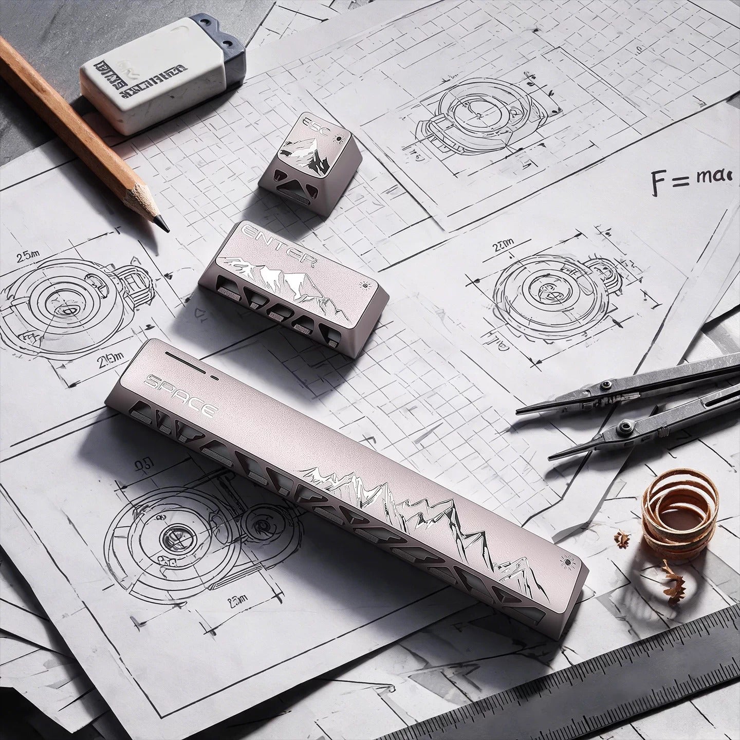 Hollow out design, Rizhao Jinshan, aluminum alloy three piece set, keycaps made of aluminum alloy material CNC integrated precision machining personalized keycaps, mechanical keyboard decorative keycaps