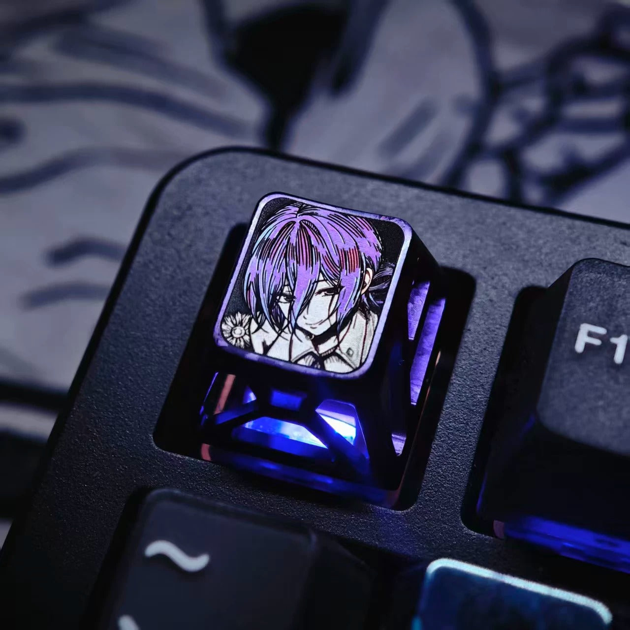 Chainsaw Man, Reze, 1U titanium alloy ice crystal+hollow personalized keycaps, anime, gaming, cultural and creative peripheral products, mechanical keyboard decoration keycaps