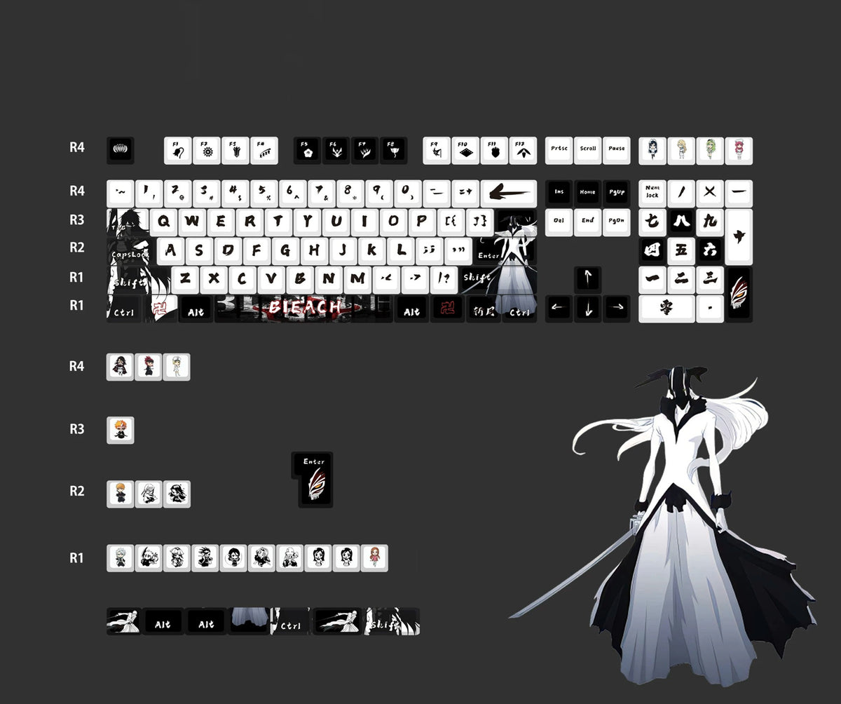 BLEACH，‌Hollow theme, PBT material personalized keycaps, mechanical keyboard replacement keycap set, anime and game cultural and creative keycaps set, Compatible with 61/64/68/75/84/87/104 Key Mechanical Keyboard Keycap Set