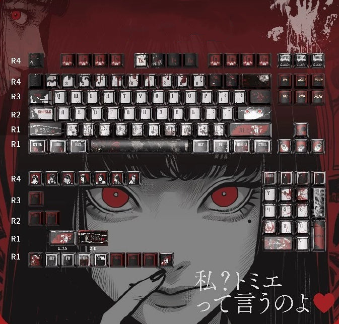 Tomie Kawakami theme, metallic paint texture PBT material anime and game cultural and creative keycaps set, Compatible with 61/64/68/75/84/87/104 Key Mechanical Keyboard Keycap Set
