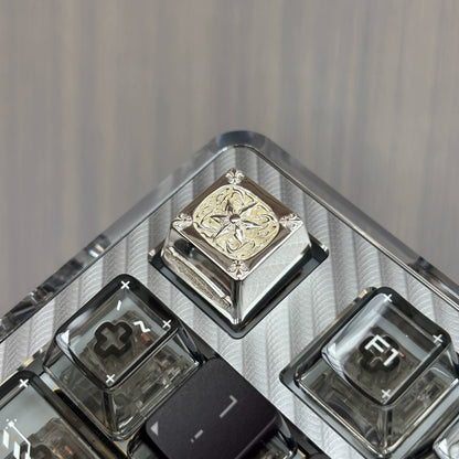 Copper plated black, retro patterned Gothic style metal accented keycaps, metal personalized keycaps, and trendy, artistic keycaps for mechanical keyboards.