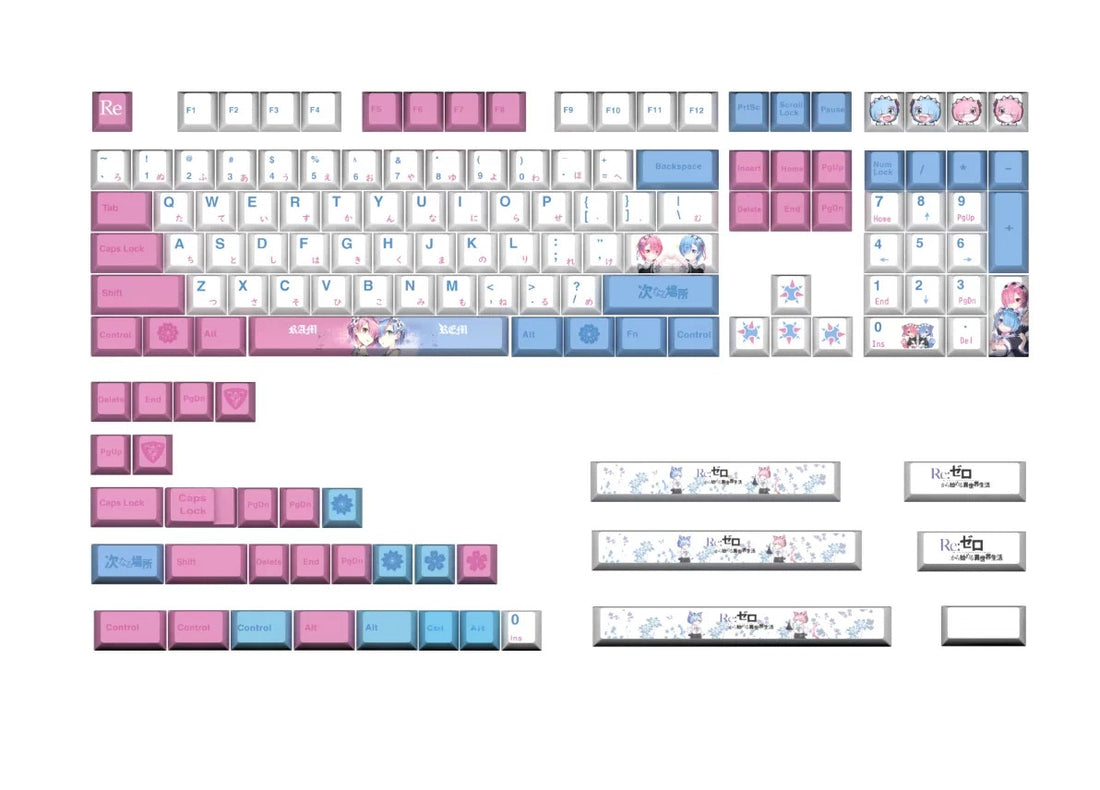 Re:Life in a different world from zero ，Rem PBT material personalized key cap set, animation game culture creative decoration key cap set, compatible with 61/64/68/75/84/87/104 key mechanical keyboard