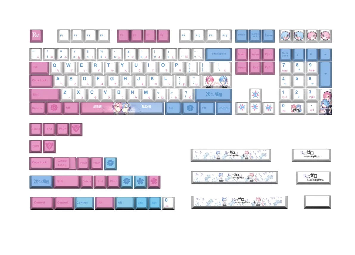 Re:Life in a different world from zero ，Rem PBT material personalized key cap set, animation game culture creative decoration key cap set, compatible with 61/64/68/75/84/87/104 key mechanical keyboard