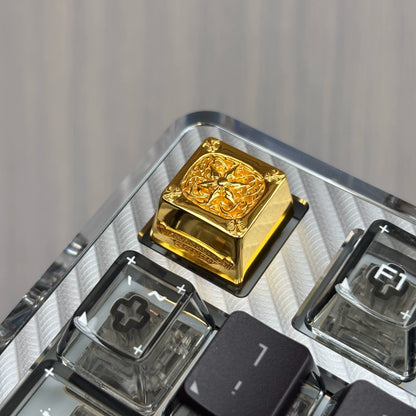 Copper plated black, retro patterned Gothic style metal accented keycaps, metal personalized keycaps, and trendy, artistic keycaps for mechanical keyboards.