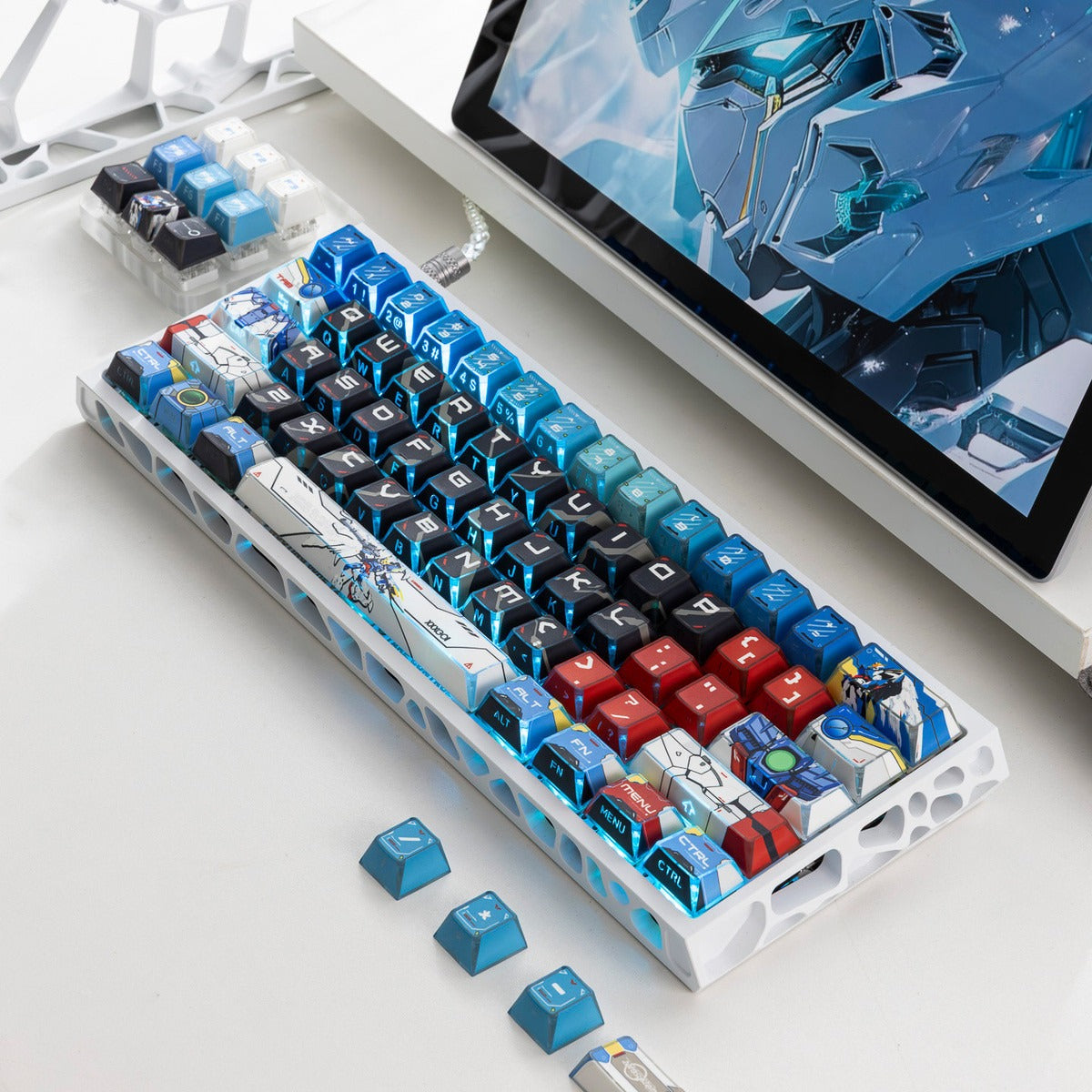 Gundam Theme Series Design Creative Set Keycaps, Light and Shadow Transparent, Folding Transparent Effect personalized keycap set, mechanical keyboard fashionable trend keycap compatible with 61/64/68/75/84/87/104 key mechanical keyboard