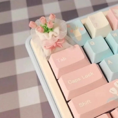 Handmade soft clay tulips, lace bouquets personalized keycaps, Valentine&