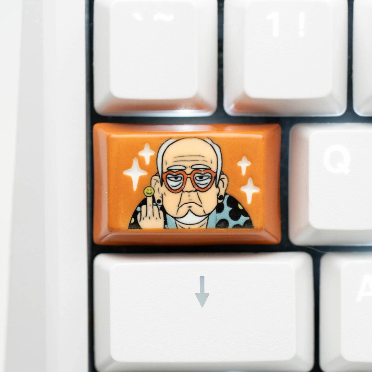 Grandpa and grandma are in a good mood. Illustration theme, hand drawn, creative underglaze color, ceramic keycaps, niche creativity, personalized keycaps, mechanical keyboards, DIY accessories, trendy customization, decorative keycaps