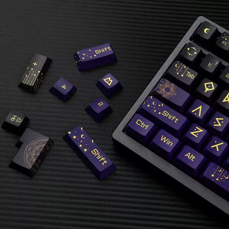 Night Sky Fantasy Theme Design with Large Characters PBT material personalized keycap set, mechanical keyboard replacement decorative keycaps, Starry Sky Divination Keycaps Compatible with 61/64/68/75/84/87/104 Key Mechanical Keyboards
