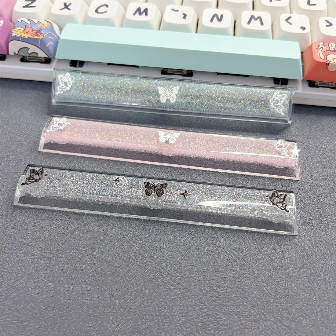 Transparent glitter butterfly keycaps Spacebar 6.25U factory height gaming mechanical keyboard decorative keycaps