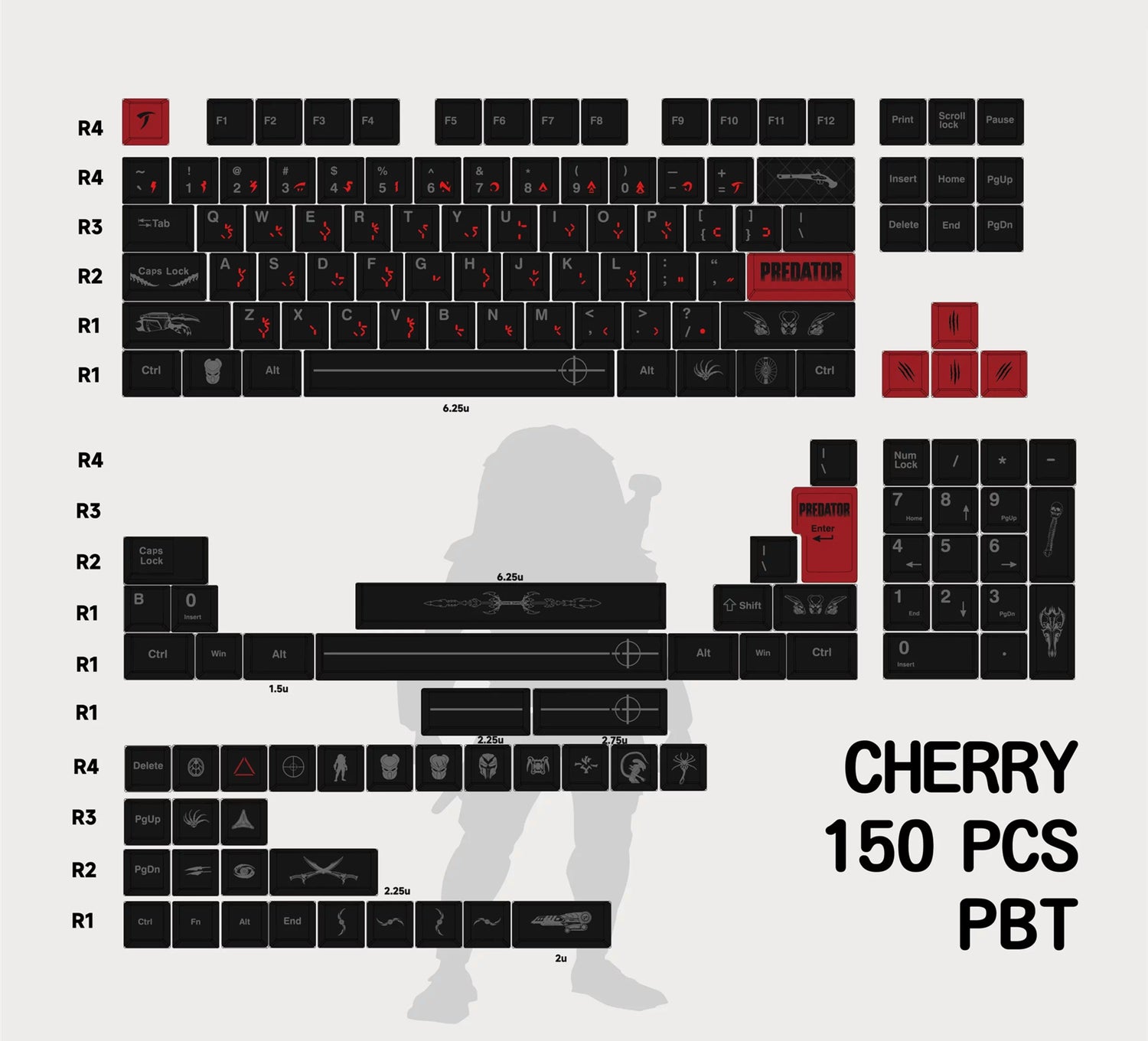 The Predator theme design replaces keycaps, PBT material material personalized keycap set, Anime movie keycap set, compatible with 61/64/68/75/84/87/104 mechanical keyboard replacement keycap