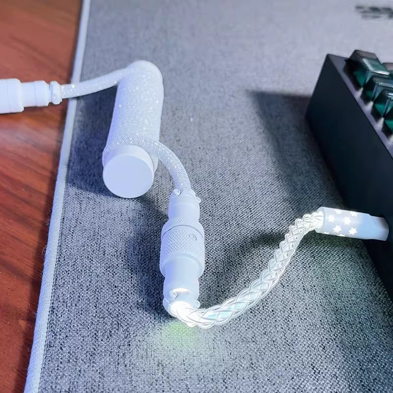 Baby Short 10cm Spiral Glowing Aviation Plug Sparkling Powder Sparkling Crystal Cable Three Section Two Section Dual Use Customized Keyboard Data Cable