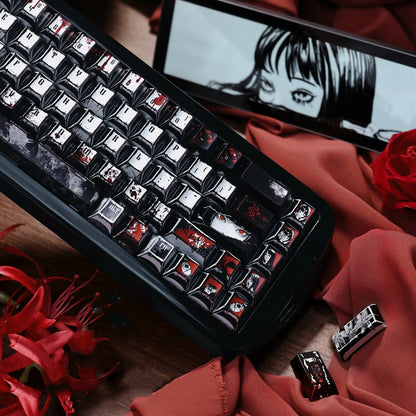 Tomie Kawakami theme, metallic paint texture PBT material anime and game cultural and creative keycaps set, Compatible with 61/64/68/75/84/87/104 Key Mechanical Keyboard Keycap Set
