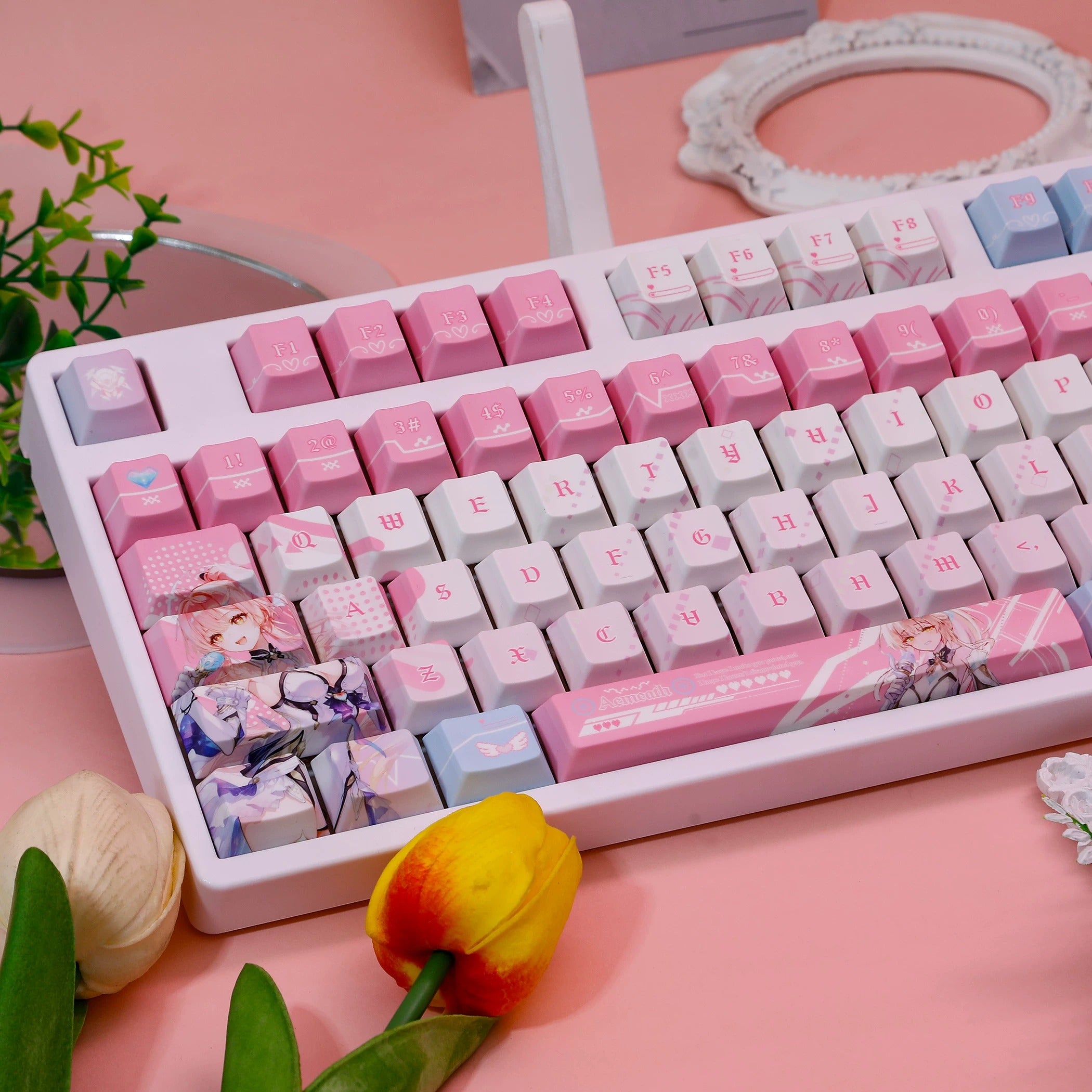 Wuthering Waves series, Aemeath theme, PBT material personalized keycap set, anime keycap culture peripheral mechanical keyboard decoration keycaps， Compatible with 61/64/68/75/84/87/104 key mechanical keyboard keycap set