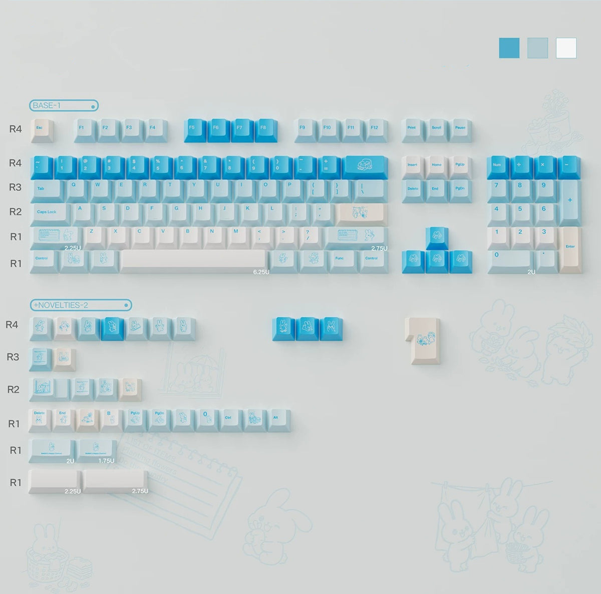 Leisure rabbit themed design mechanical keyboard keycaps in blue and white color scheme, PBT material personalized keycap set, mechanical keyboard replacement decorative keycaps, compatible with 61/64/68/75/84/87/104 key mechanical keyboard