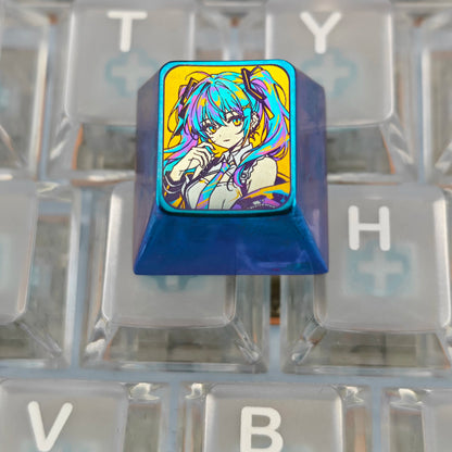 Hatsune Miku, yellow background, colorful 1 U titanium alloy personalized keycaps, anime and game culture creative art keycaps, mechanical keyboard decorative keycaps