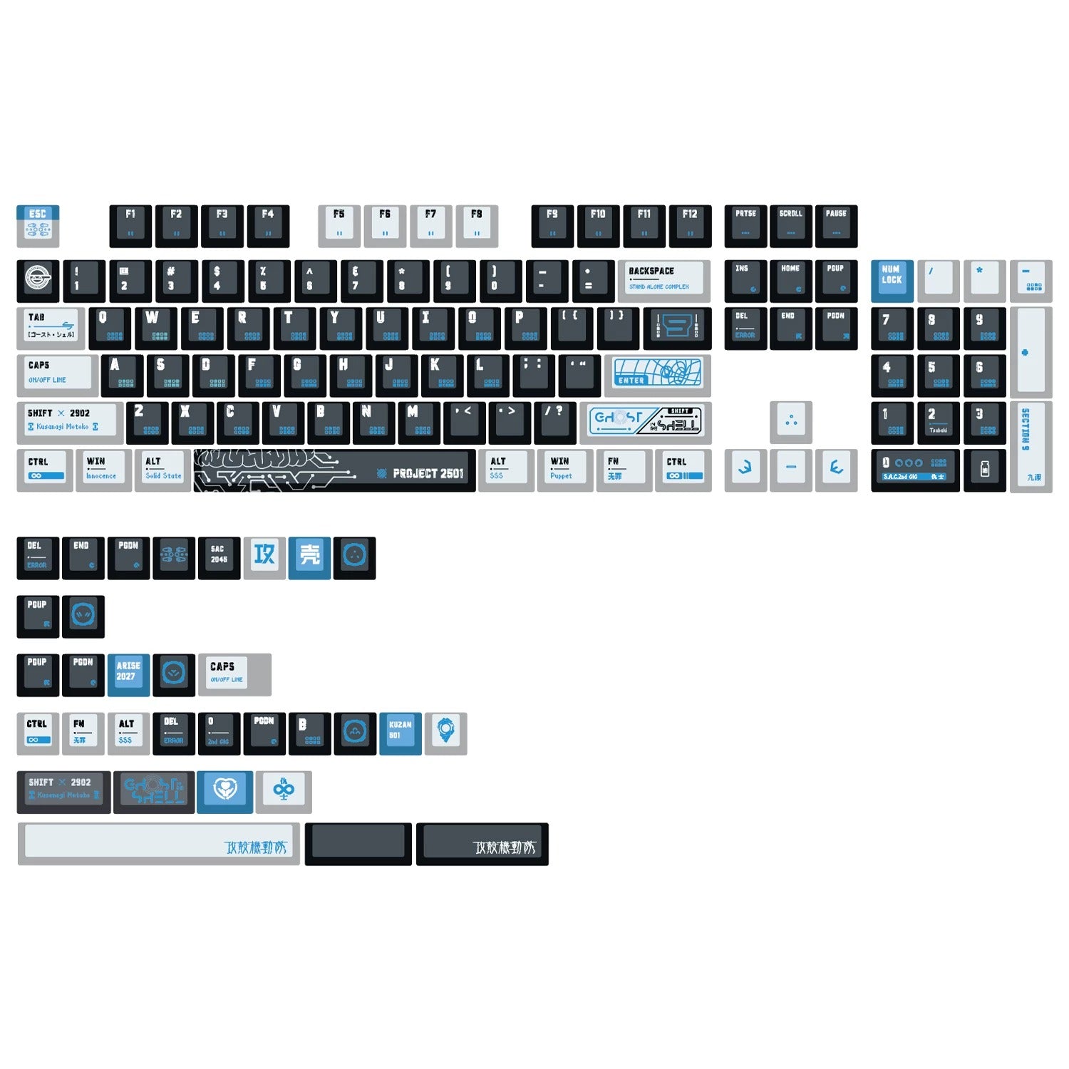 Ghost in The Shell theme, PBT material personalized keycaps, mechanical keyboard replacement keycap set, anime and game cultural and creative keycaps set, Compatible with 61/64/68/75/84/87/104 Key Mechanical Keyboard Keycap Set